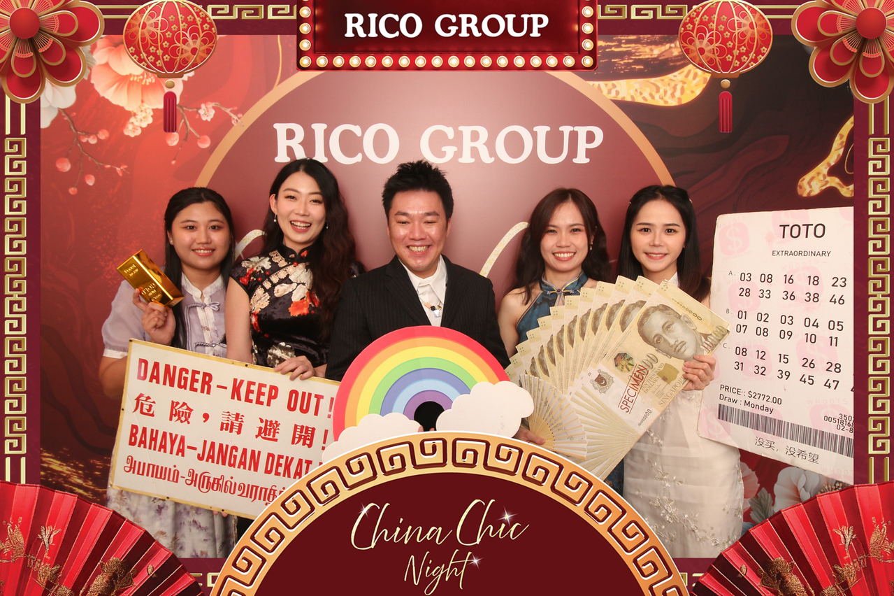 RICO Group guests posing with festive props in a 2026 Whoots 4R print
